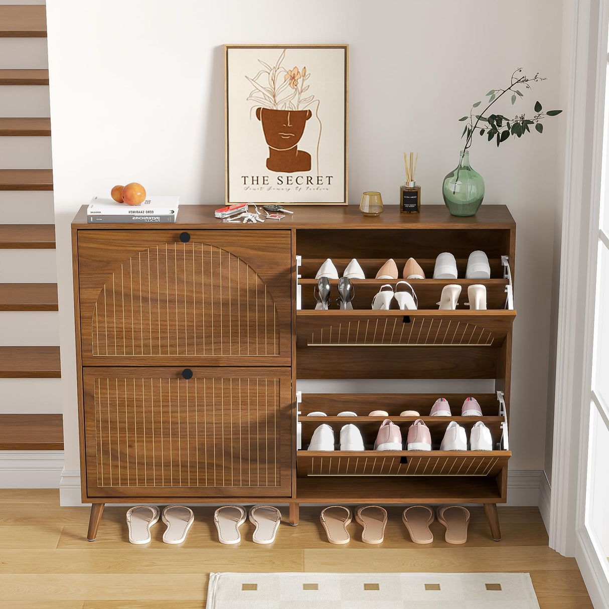 Fsbecl Shoe Storage Cabinet for Entryway with 4 Flip Drawers, Narrow Shoe Organizer with Fluted Panel, Freestanding Wood Hidden Shoe Cabinet for Foyer, Hallway (Walnut, 4 Flip Drawers) Fsbecl