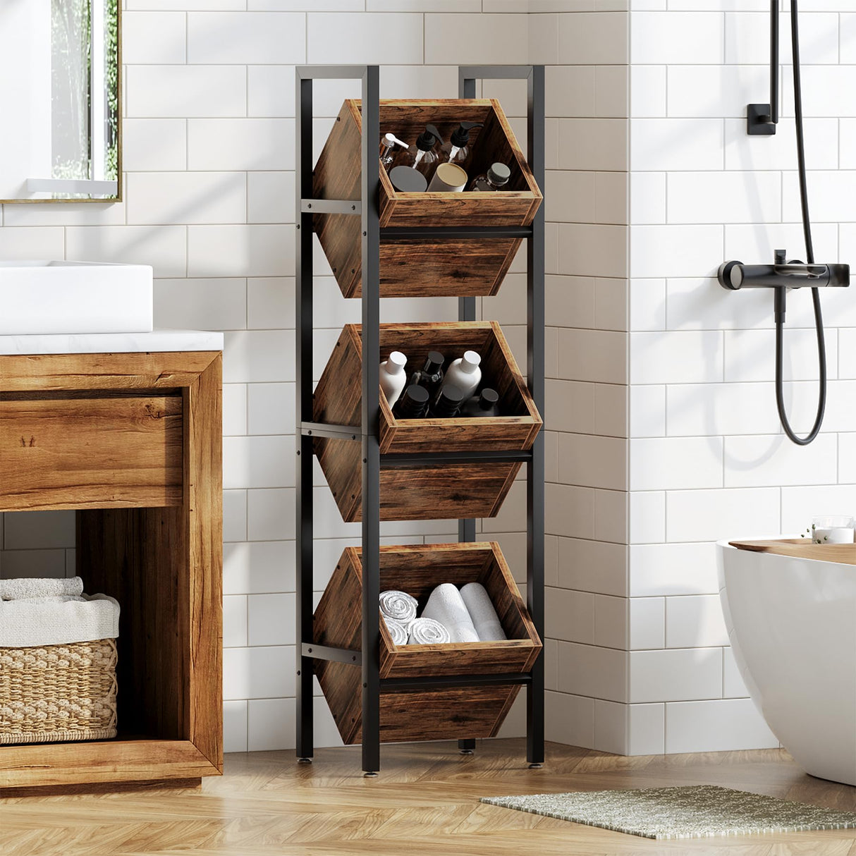 LITTLE TREE 3-Tier Basket Stand, Wooden Floor Stand Shelving Unit, Rustic Standing Organizer Storage Rack for Kitchen, Bathroom, Living Room LITTLE TREE