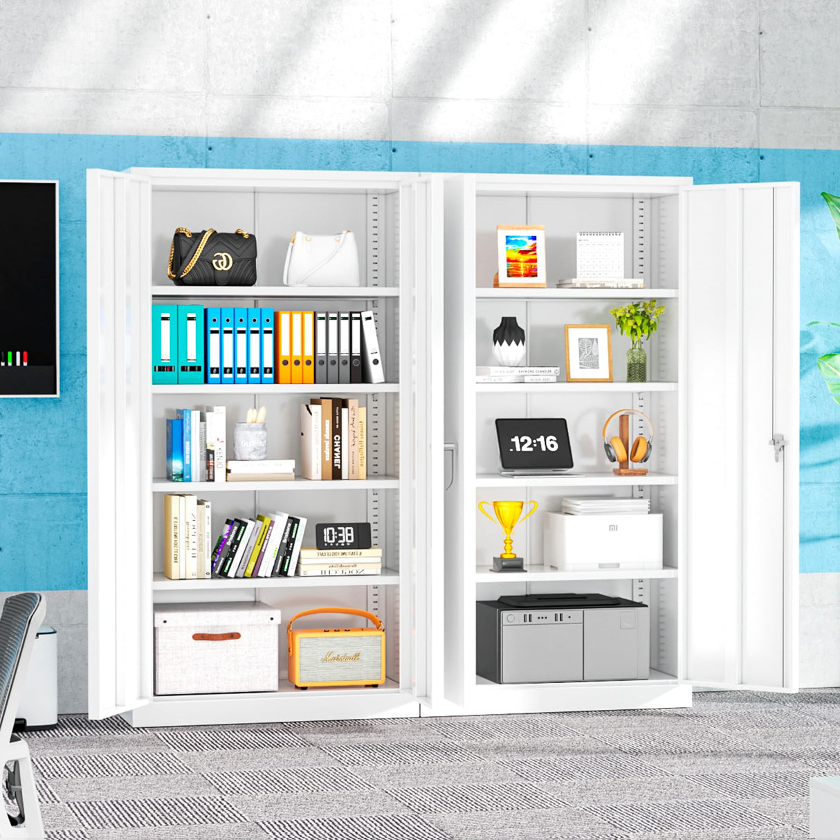 Superday Metal Storage Cabinet 71"×32"×16", Tall Storage Cabinet with 2 Doors and 4 Shelves, Large Metal Steel Utility Cabinet for Home Office, Garage, File Bathroom Pantry (White) Superday