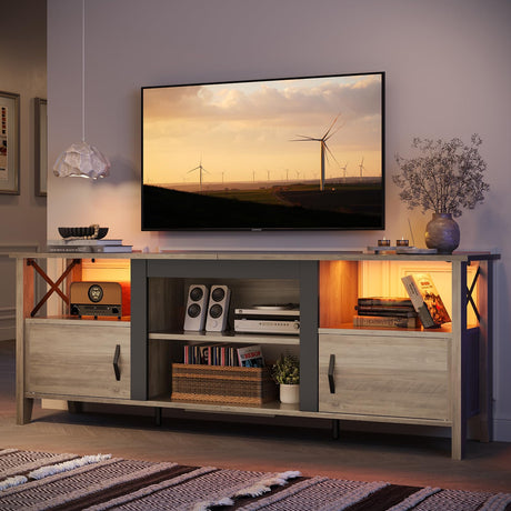 Bestier Farmhouse TV Stand for 70 inch TV, Gaming Entertainment Center with LED Lights, TV Console with 2 Storage Cabinets and Shelf for Living Room, 63'' Inch, Grey Wash Bestier