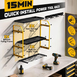 Ferreteriai Power Tool Organizer Wall Mount with Broom Holder Combo, Yellow & Black 3-Tier Garage Storage Rack with Battery Storage, 4 Drill Holder Slots, Heavy Duty Steel 150LB Capacity Ferreteriai
