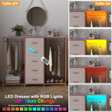 Espelism Dresser for Bedroom with Clothes Rack 5 Drawer Dresser with Charging Station LED Lights White Chest of Drawers Flexible Shelf and Open Storage Space for Bedroom Living Room (Pink) Espelism