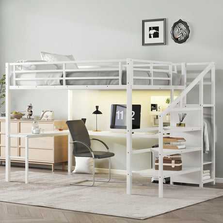 Bellemave Queen Loft Bed with Staircase and L Desk, Wardrobe, Metal Queen Loft Bed Frame for Adults, Kids, Teens, White Bellemave
