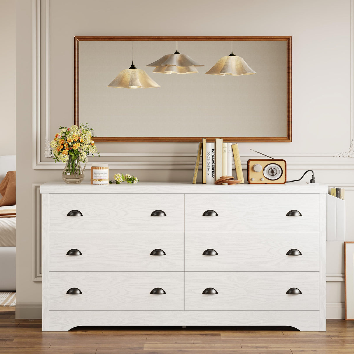 LIKIMIO Dresser for Bedroom 6 Drawer with Charging Station, TV Stand Storage Chest of Drawers for Living Room Hallway Entryway, MDF Board, 59 Inches White LIKIMIO