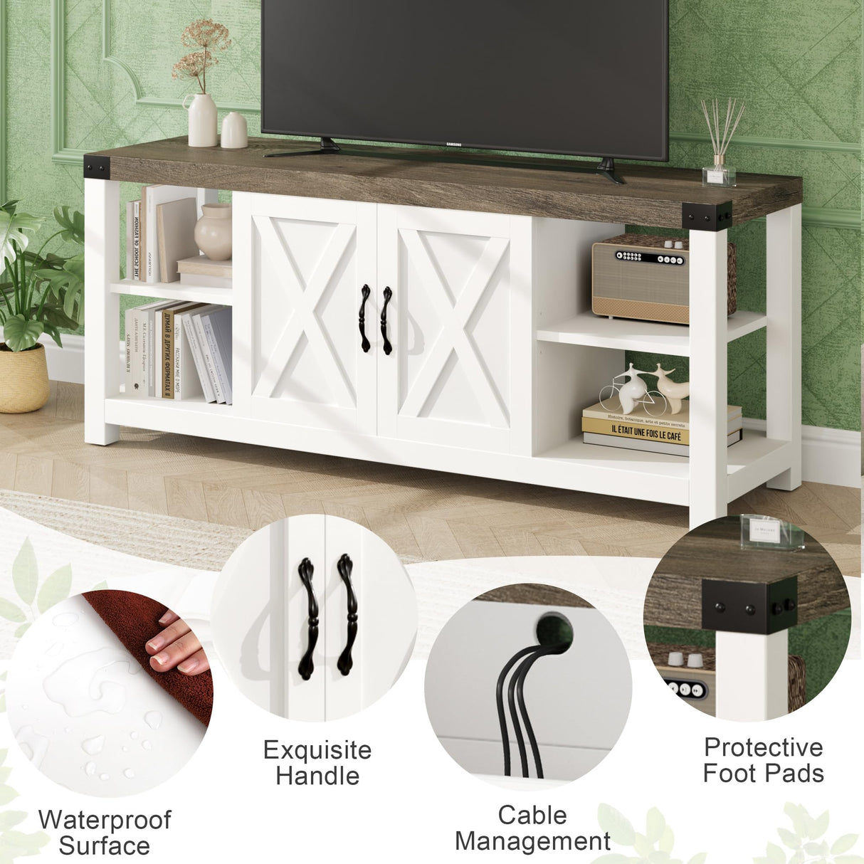 TV Stand for 65 Inch TV, 60 Inch Entertainment Center with Storage, Farmhouse TV Console Table with Shelves, Wooden Media Console Cabinet with Doors, Modern TV Stand for Living Room, Bedroom - White IDEALHOUSE