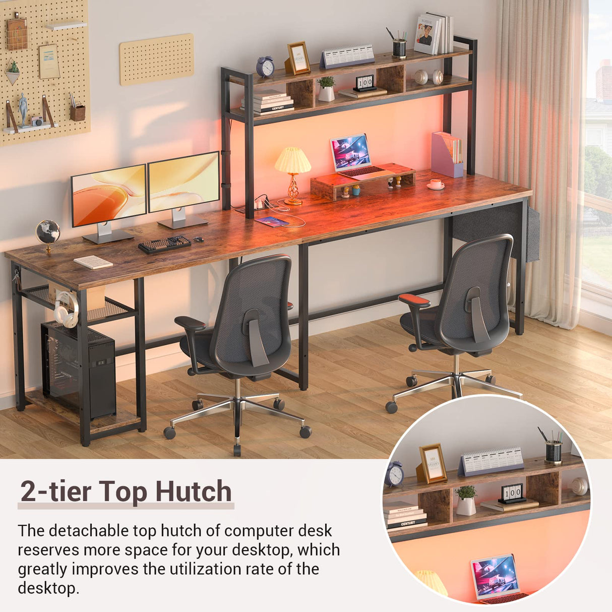 Aheaplus Reversible L-Shaped Desk with Power Outlet & LED Lights - Rustic Brown Home Office & Gaming Setup Aheaplus