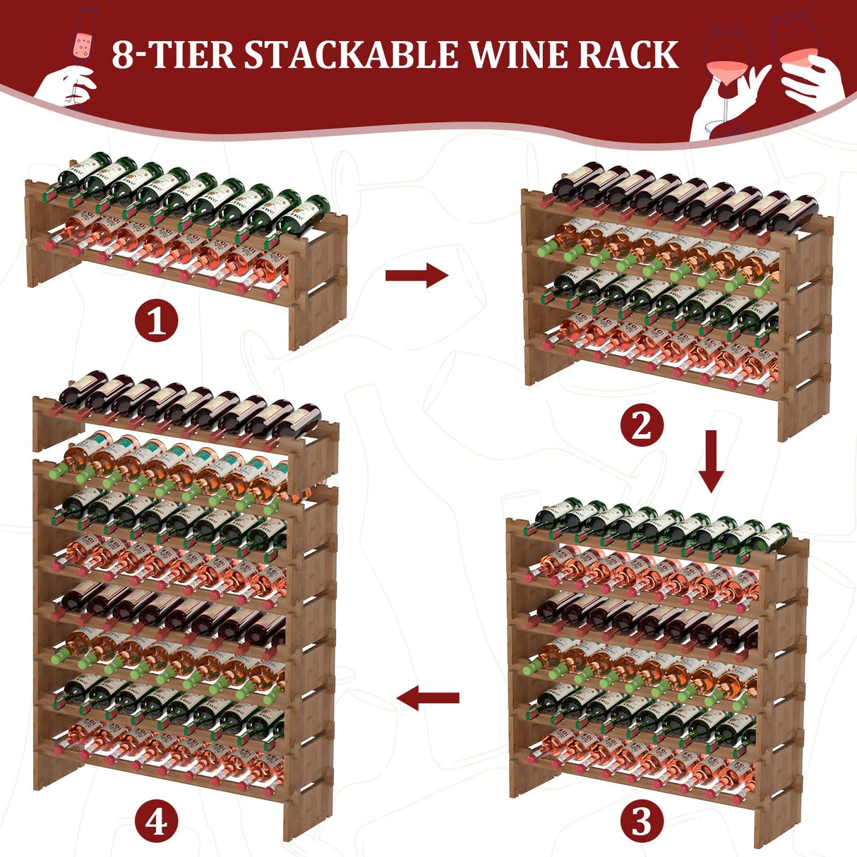 Domax Wine Rack Freestanding Floor - 8 Tiers Wine Bottle Holder 72 Bottle Stackable Wine Rack， Bamboo Wine Holder Wine Storage Racks for Kitchen, Domax