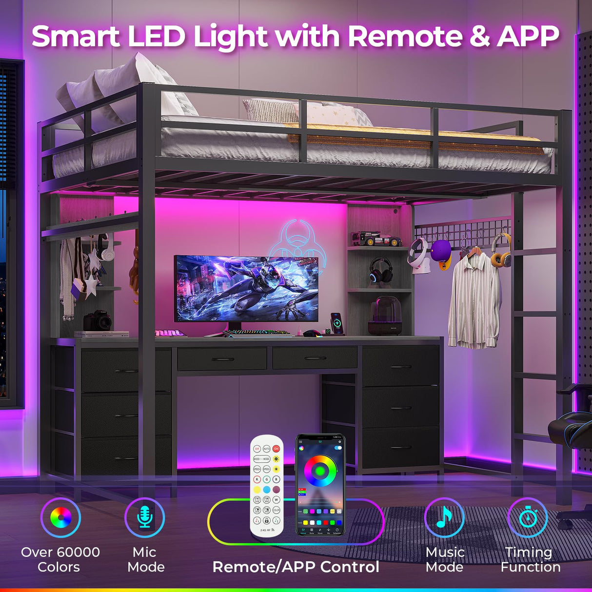 ADORNEVE Full Size Loft Bed with Desk and 8 Storage Drawers, Metal Loft Beds Full with LED Lights & Charging Sation, Heavy Duty Loft Bed Frame with 6 Storage Shelves, Space-Saving, Noise Free,Grey ADORNEVE