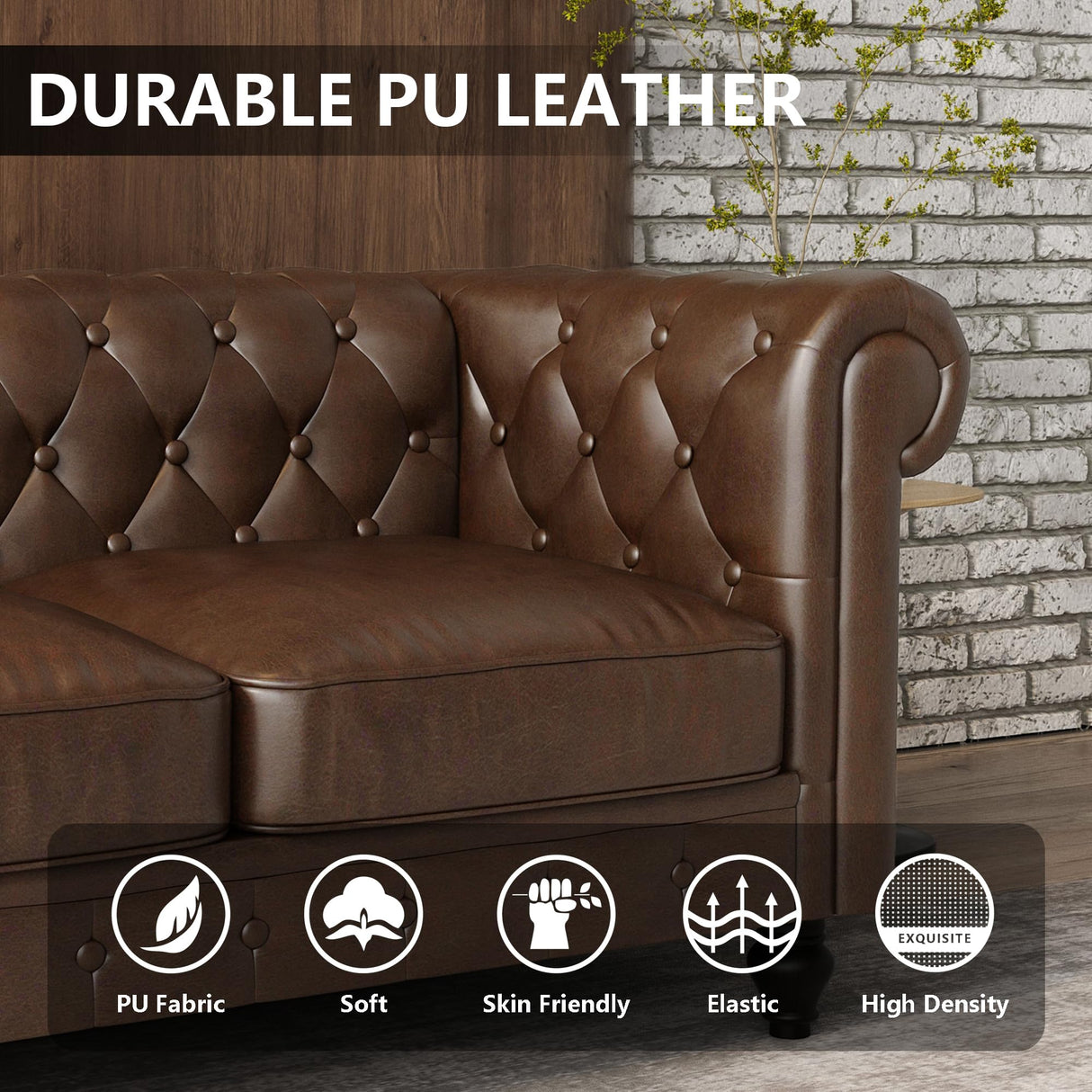 LaiBiKe Leather Brown Sofa for Living Room Chesterfield 3 Seater Couch Sofa Comfortable Soft Sturdy Durable Furniture for Office Bedroom Apartment Hotel Place (03-Brown-80) LaiBiKe
