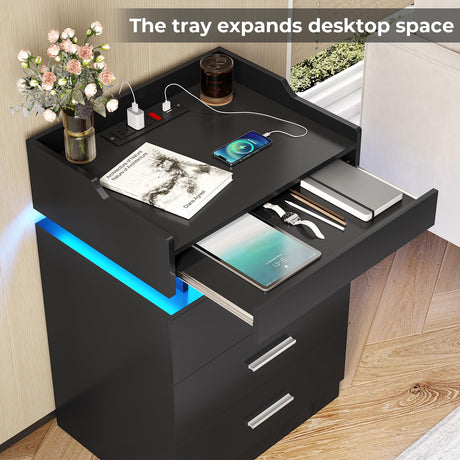BTHFST LED Nightstand Set of 2, Large Night Stand with Charging Station, Bedside Table with Pull-Out Shelf and 3 Drawers, Modern End Table Side Table with Storage, Black BTHFST
