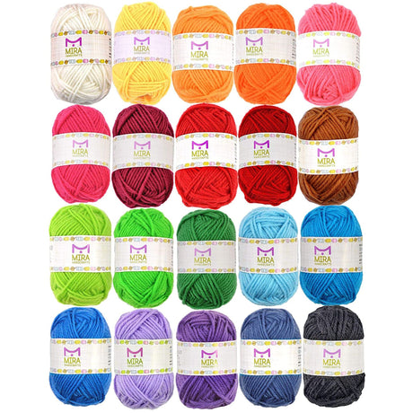 20 Acrylic Yarn Skeins - 438 Yards Multicolored Yarn in Total – Great Crochet and Knitting Starter Kit for Colorful Craft – Assorted Colors Mira HandCrafts