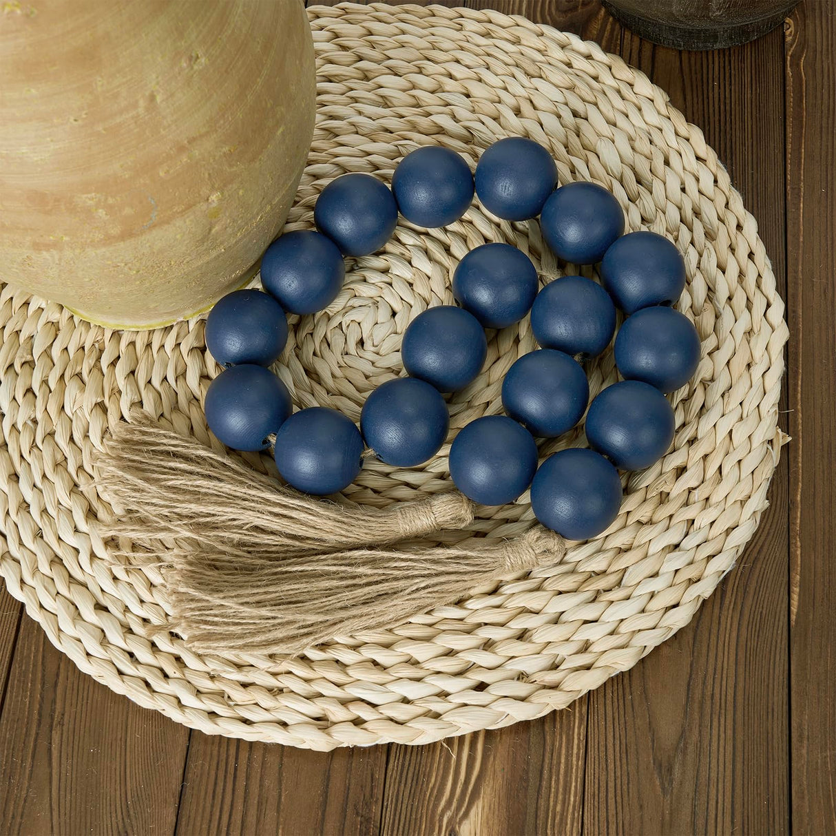 OMISHE Large Wood Bead Garland Navy Blue with 1.6" Diameter Wooden Beads and Tassels, Decorative Beads Decorations, 41" Long Rustic Farmhouse Country Wood Beads Garland for Home Wooden Decor Navy Blue OMISHE
