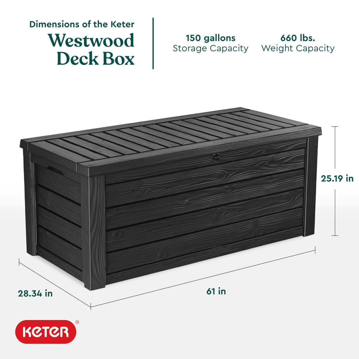Keter Westwood 150 Gallon Resin Large Outdoor Storage Box for Patio Furniture, Outdoor Cushions, Garden Tools and Pool Floats, Dark Grey Keter