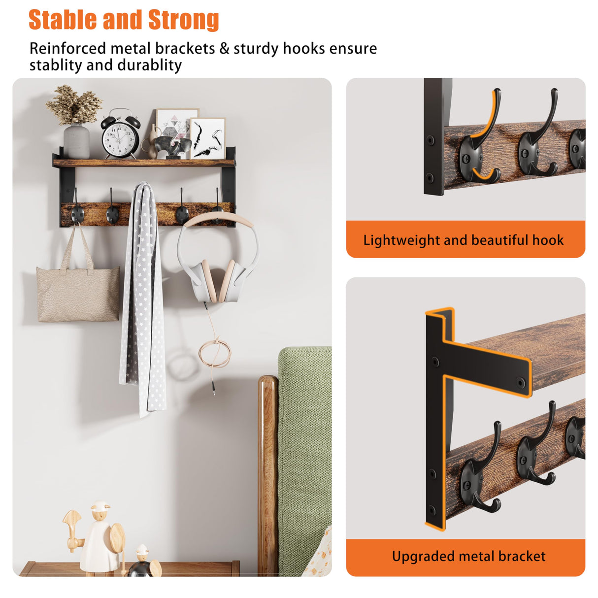 FNBAR Wall Hooks with Shelf, Wood Coat Rack with Shelf Wall-Mounted, Entryway Hanging Shelves with 5 Metal Hooks for Clothes Hats Towel Purse Robes, Bathroom Mudroom Bedroom, Rustic Brown FNBAR