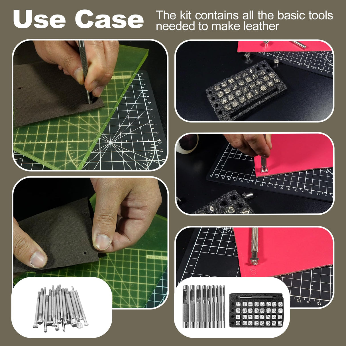 ESMING Leather Tooling Kit Craft Tools Leather Working Kit with Cutting Mats Crafts Enthusiast Professional Tool Set Custom Handbag Engraving Punching Sewing Stamping Sanding Tools ESMING