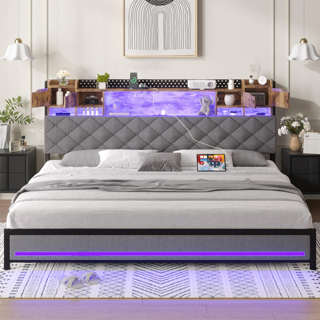 Dnxao King Bed Frame with Upholstered Headboard, Bed Frame King Size with Hidden Storage,3-Tier Storage Shelves, LED Lights and Charging Station, King Bed with Noise-Free, No Box Spring Needed, Gray Dnxao