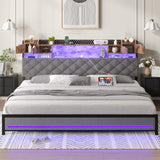 Dnxao King Bed Frame with Upholstered Headboard, Bed Frame King Size with Hidden Storage,3-Tier Storage Shelves, LED Lights and Charging Station, King Bed with Noise-Free, No Box Spring Needed, Gray Dnxao