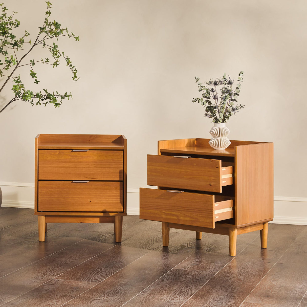Walker Edison Mid-Century Modern 2-Drawer Solid Wood Nightstand, 20 Inch, Set of 2, Caramel Walker Edison