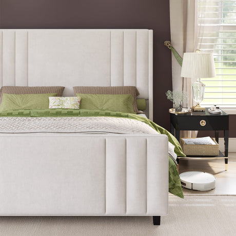 AMERLIFE King Size Bed Frame, Velvet Upholstered Platform Bed with Vertical Channel Tufted Headboard & Footboard/Wingback, Mattress Foundation with Wood Slats, No Box Spring Needed, Cream AMERLIFE