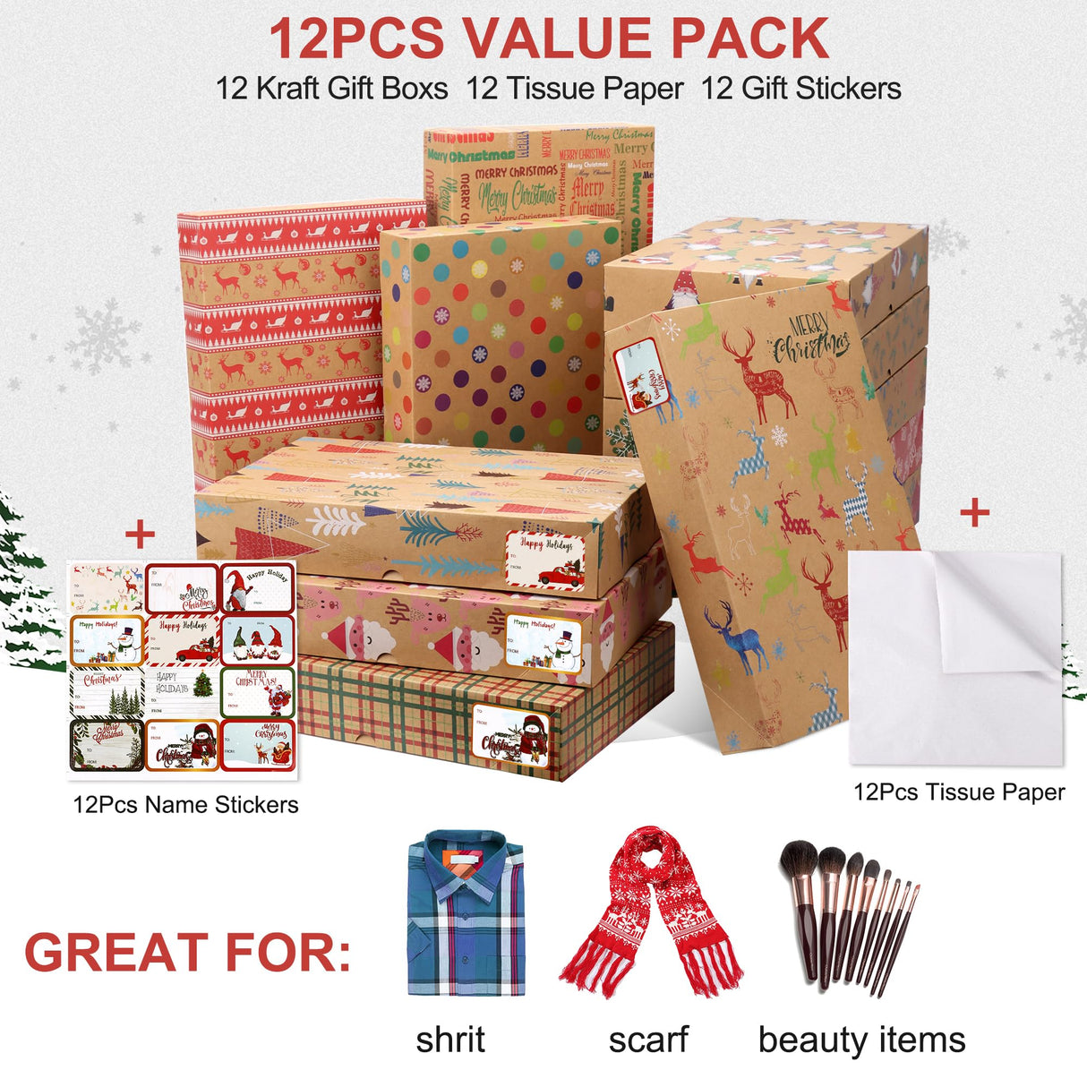 Giiffu 14.5" Medium Kraft Gift Boxes with Lids, 12 Pack Christmas Shirt Boxes with 12 Holiday Designs – Includes Tissue Paper & Stickers Giiffu