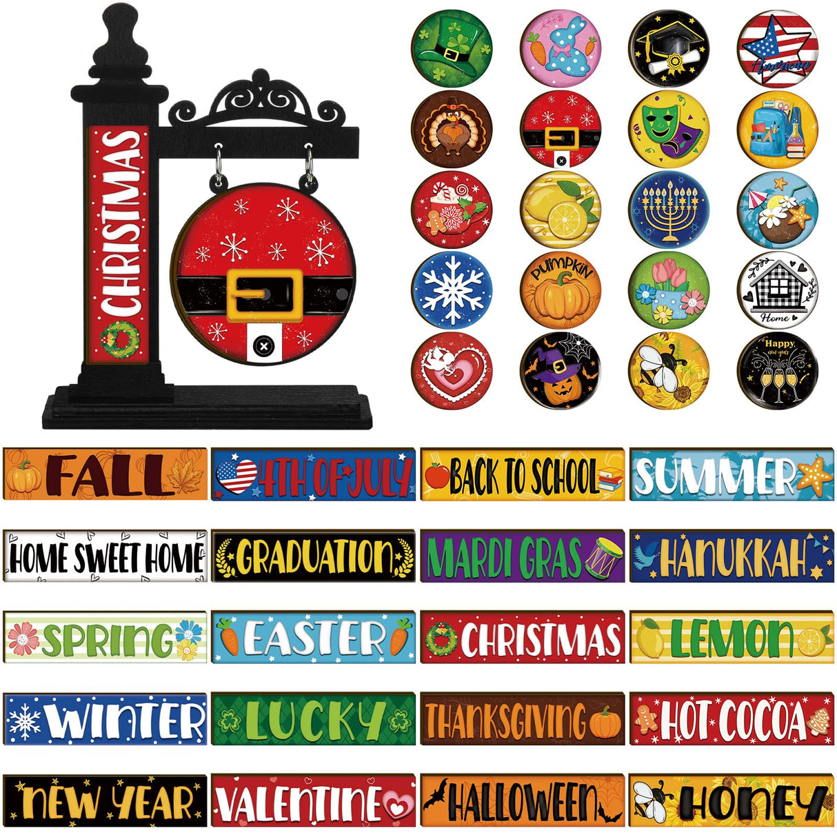 RattanView 41 Pcs Interchangeable Seasonal Decor Mini Standing Sign Farmhouse Convertible Seasonal Wood Welcome Sign for Halloween Thanksgiving Christmas Holiday Table Decor(Black) RattanView