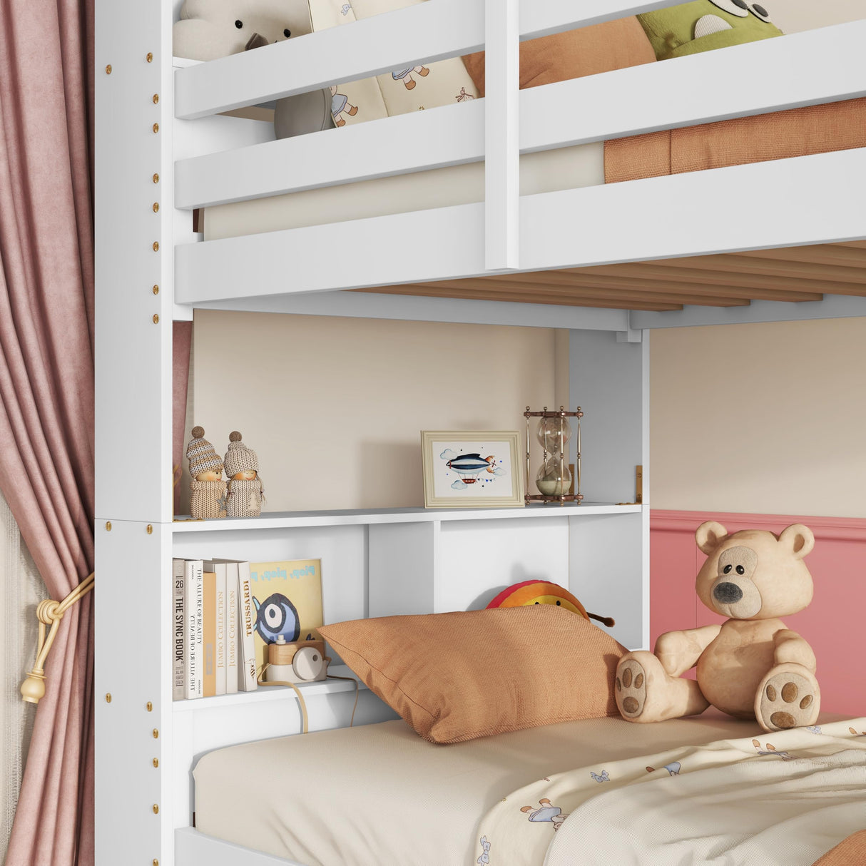 KEIKI Twin Over Twin Wooden Bunk Bed with Shelves, Ladder & Guardrails, Convertible Design for Boys, Girls, or Teens, No Box Spring Needed, White KEIKI