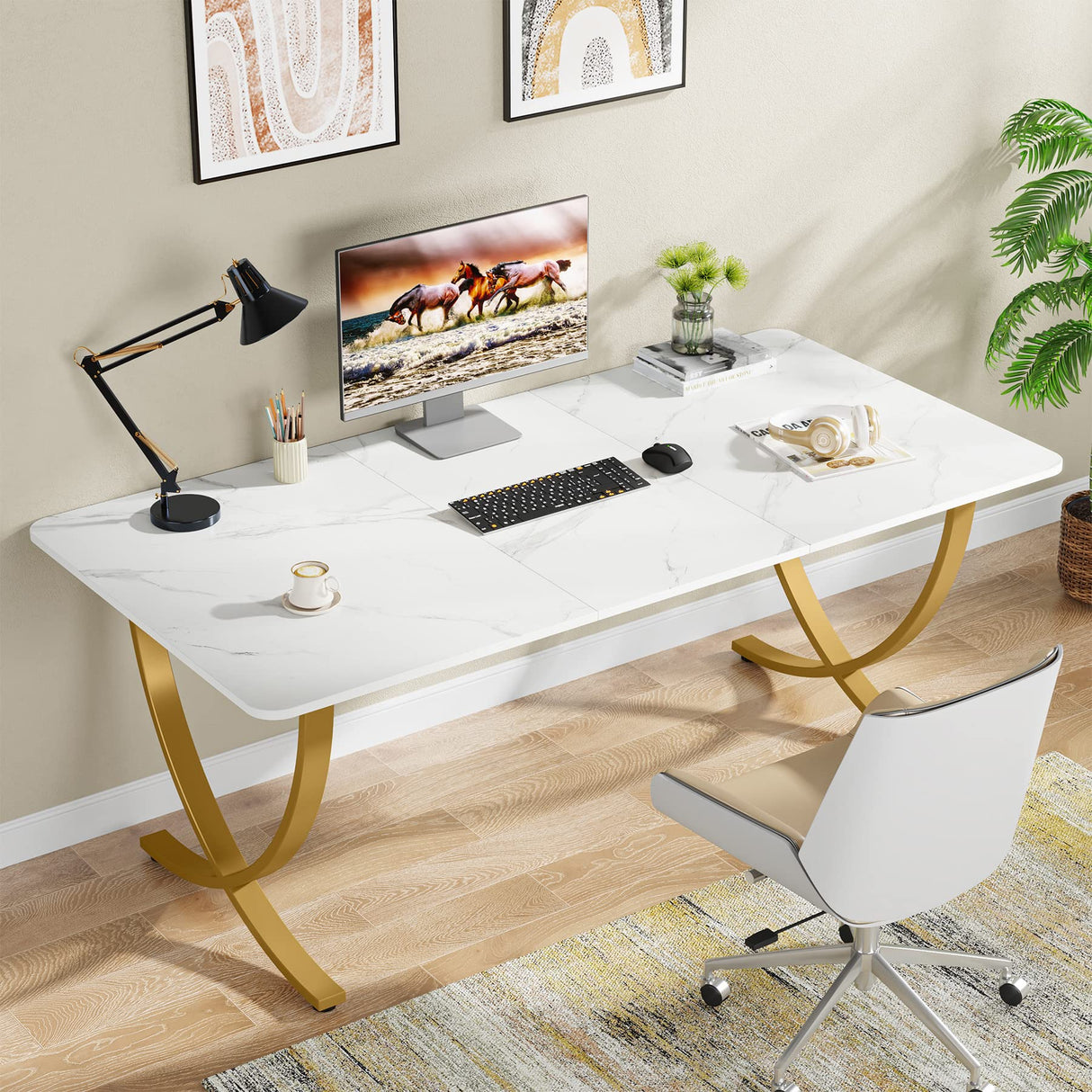 Tribesigns Executive Desk, 63” W x 31.5” D Large Office Desk, Modern Computer Desk Conference Table Meeting Room Table, Business Furniture for Home Office, White and Gold Tribesigns