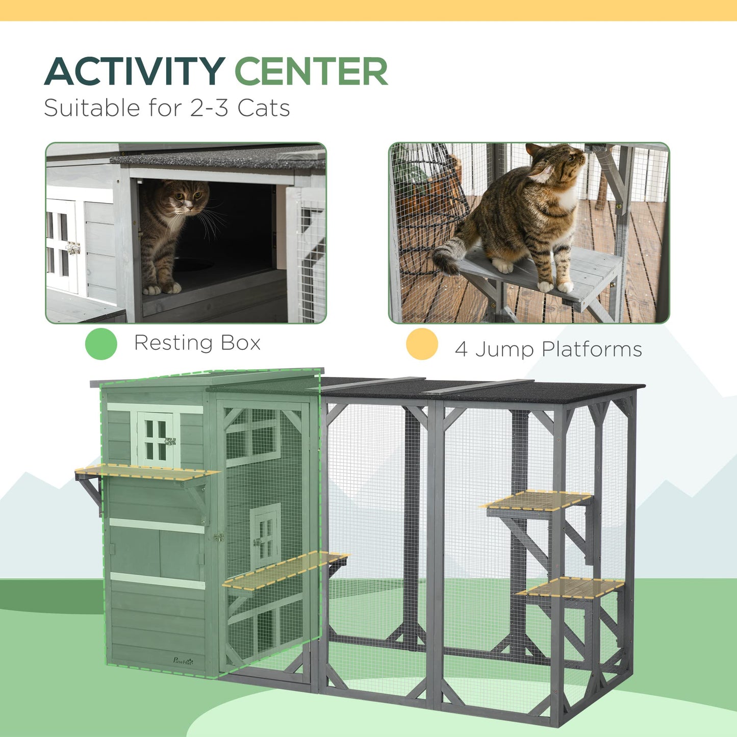 PawHut Outdoor Cat Catio, Large Wood Cat House Enclosure with Multi-Level Design, Weatherproof Roof, Big Hiding Areas, Multiple Platforms, Resting Box, Gray - WoodArtSupply