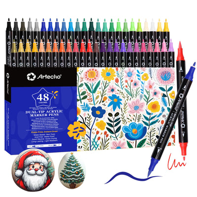 Artecho Acrylic Paint Pens 48 Colors, Dual Tip Acrylic Paint Markers with Brush Tip and Fine Tip for Rock Painting, Glass, Paper, Wood, Egg, Canvas, Ceramic, Fabric, leather, DIY Crafts