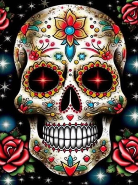 SKRYUIE 5D Diamond Painting Skeleton Full Drill, Paint with Diamond Art Kits for Adults Rose, DIY Skull Flower Painting by Number Kits Cross Stitch Rhinestone Wall Home Decor 30x40cm (12"x16") SKRYUIE