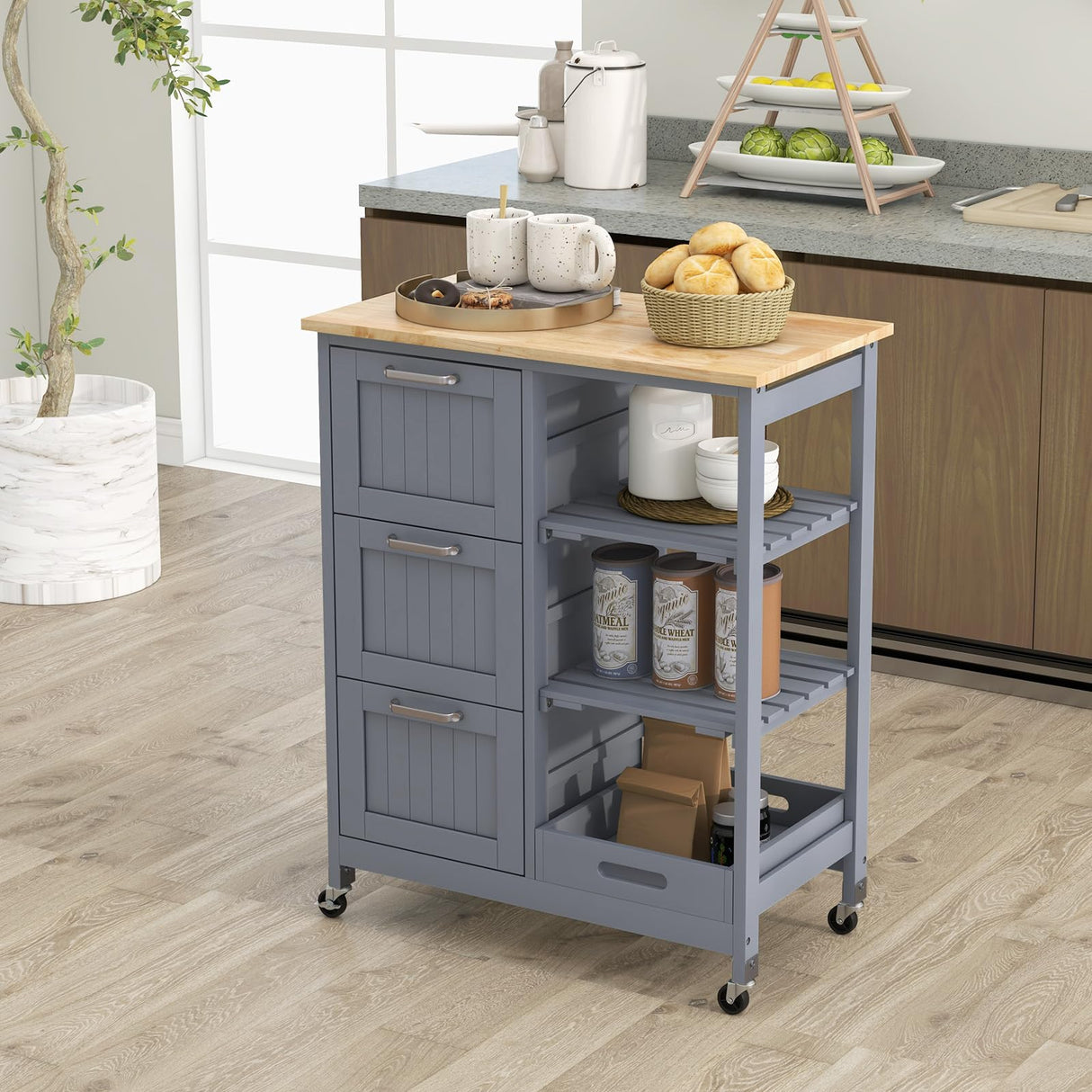 GOFLAME Kitchen Island Cart on Wheels with Storage, Versatile Rolling Cart with Wood Countertop, 3 Drawers, Removable Tray & Lockable Casters, Mobile Serving Trolley for Kitchen, Dining Room, Grey GOFLAME