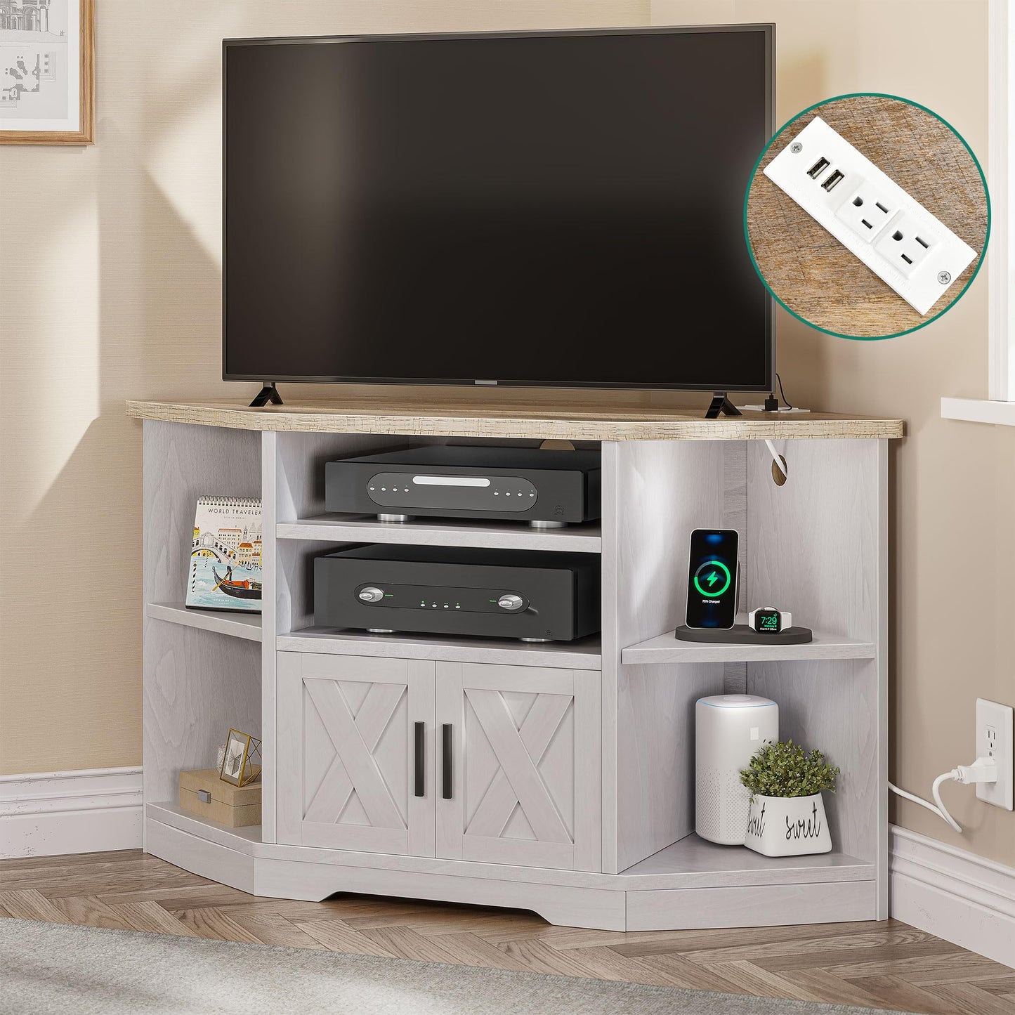 YITAHOME Corner TV Stand for TV Up to 55 Inch with Power Outlet, Farmhouse TV Console w/Adjustable Storage Shelf, Entertainment Center for Living Room,Bedroom, Grey White & Grey Wash, 47 inches