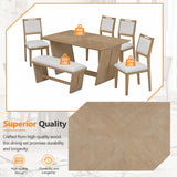 Merax 6-Piece Retro Dining Set, 1 Rectangular Table with Stable Trapezoidal Table Base and 4 Upholstered Chairs and 1 Bench for Dining Room and Kitchen, Natural Wood Wash Merax