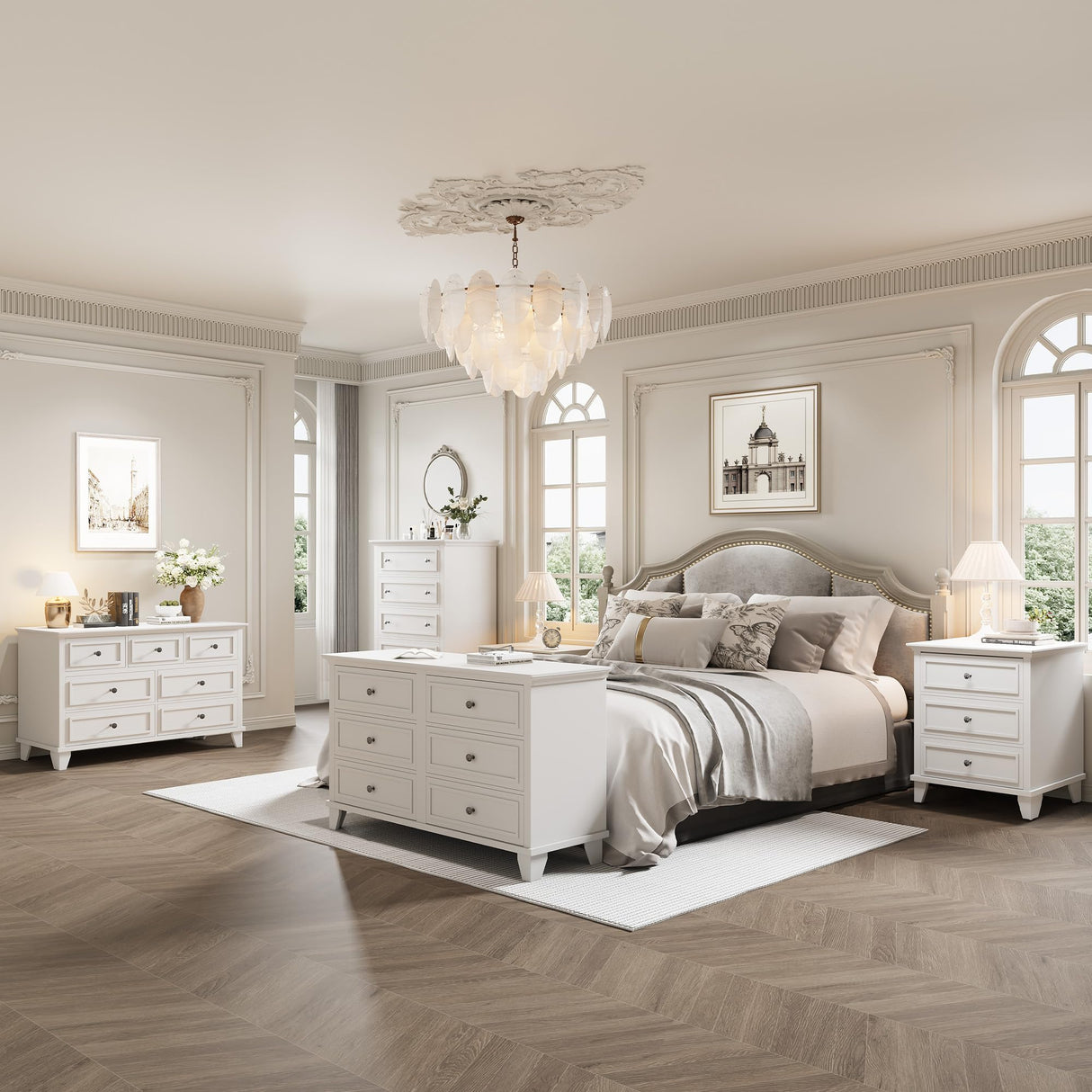 GarveeHome Farmhouse White Dresser for Bedroom with 6 Drawer, Double Dresser TV Stand with Vintage Handle, Wide Wood Dressers & Chests of Drawers, 6 Drawer Dressers for Bedroom, Living Room, Hallway GarveeHome