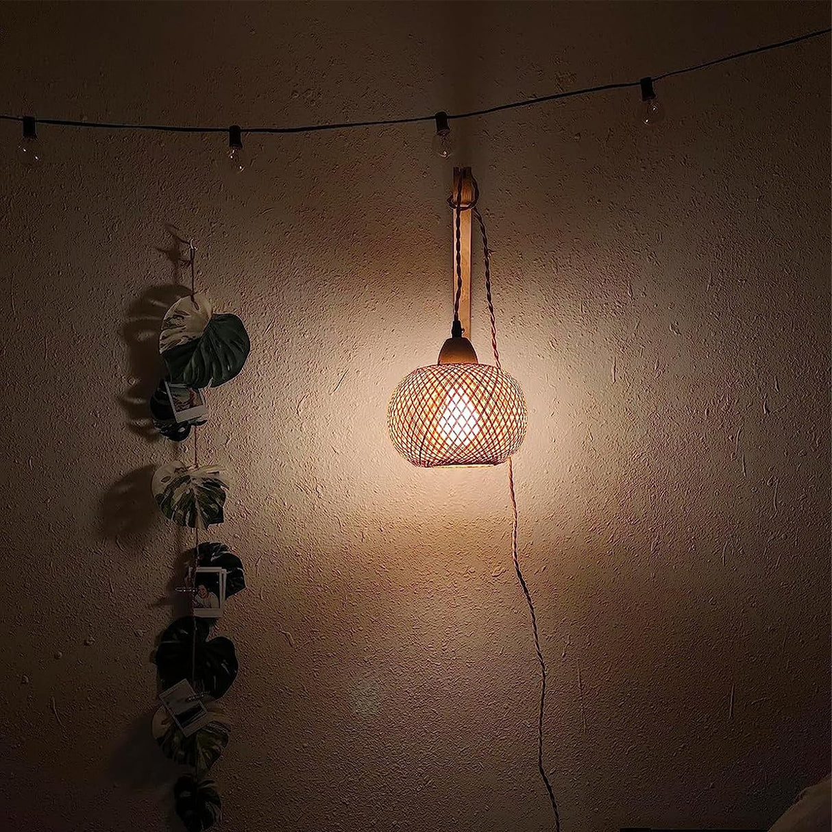 Frideko Bamboo Lantern Plug in Wall Sconces Wicker Wall Lamp with Plug in Cord Hand Woven Rattan Wall Light Farmhouse Rustic Wall Sconces Boho Sconces Wall Lighting for Living Room Bedroom FRIDEKO HOME