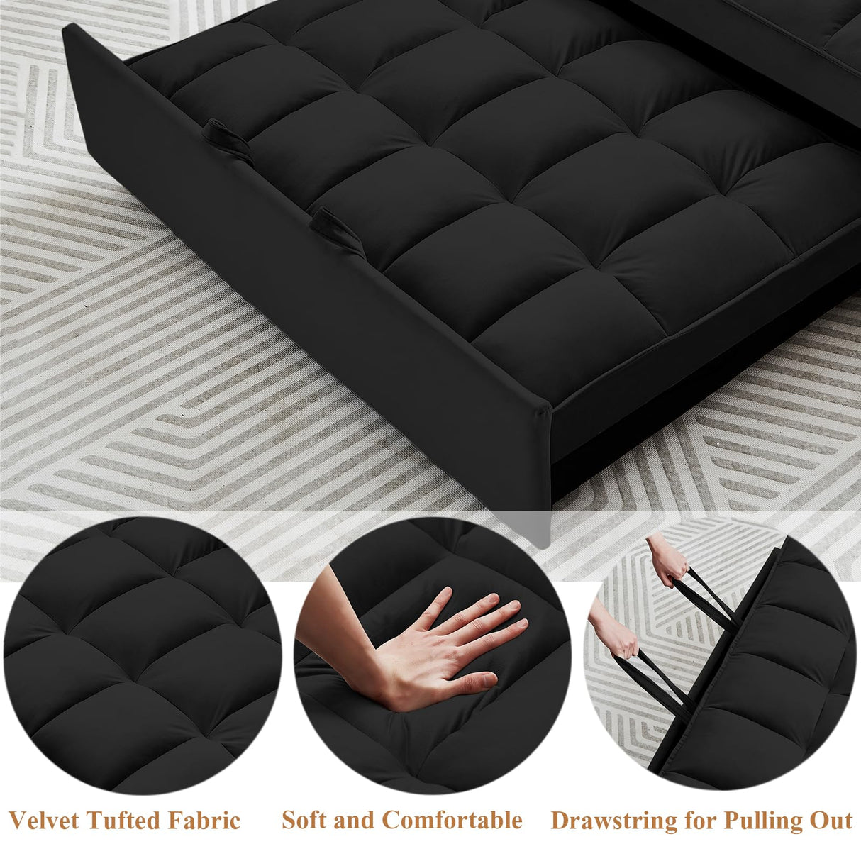 KIVENJAJA Convertible Sleeper Sofa Bed, Velvet Tufted Loveseat Couch with Pull Out Bed, Small Love Seat Futon Lounge Sofa Bed with 2 Pillows for Living Room Apartment, 55.2”W (Black) KIVENJAJA