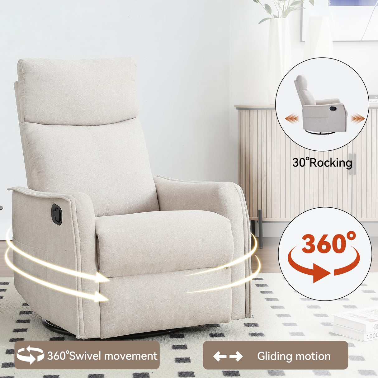 PELUMY Rocker Recliner Chair with Heat Massage - Manual Swivel Recliner for Living Room and Bedroom, 8 Vibration Points, Lumbar Heat, Glider Rocking Chair for Adults (Beige) PELUMY