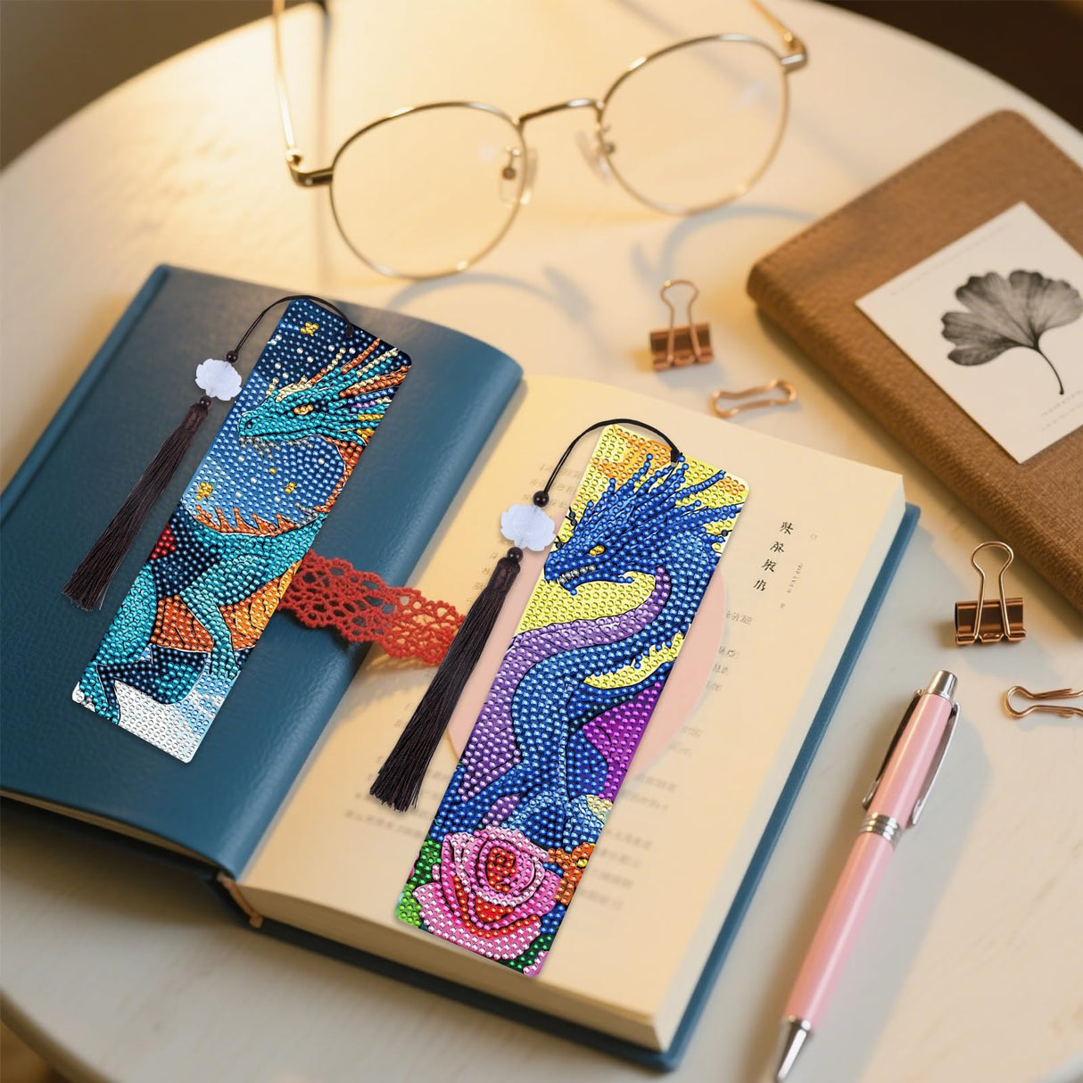 Dragon Diamond Art Bookmarks - 8 Pcs Legend Animal Dragon Diamond Painting Bookmarks with Tassels, DIY Gem Art Crafts for Adults Sitsink
