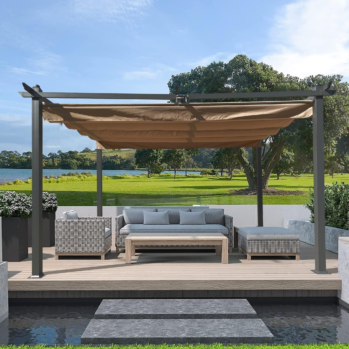 Pergola Cover, Pergola Hardtop Aluminium Beige Adjustable 13 X 10 Ft with Canopy Sun Shelter Pergola Simple Assembly Patio Umbrella 1Pc Aienid