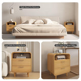 Easyego Mid-Century Modern Nightstand with Charging Station, Bedside Table w/2 Drawers and Open Shelves, Side Table and End Table for Bedroom and Living Room, Curved Design(Wood Naural) Easyego