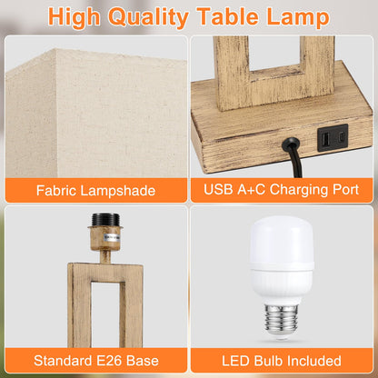 22" Tall Living Room Lamps for Night Stands - Touch Bedside Lamp with USB C+A, 3 Way Dimmable Bedroom Lamps for End Tables Set of 2, Modern Night Stand Lamps(Beige&Wood-Like)