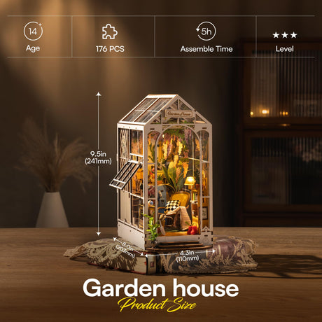 ROBOTIME Book Nook Kit - DIY Miniature House Kit, 3D Wooden Puzzle Booknook, Bookend Bookshelf Insert Decor with LED Light, DollhouseTiny House Hobby Diorama Kit Unique Gifts (Garden House) ROBOTIME