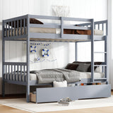 Twin Over Twin Bunk Bed with Storage Drawers, Solid Wood bunk Bed with Ladders and Raised Guardrails for Kids, Convertible into 2 Twin Beds, Bunk Bed Twin Over Twin, Grey Bellemave