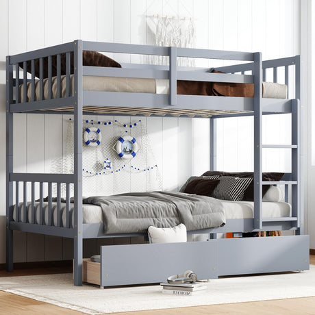 Twin Over Twin Bunk Bed with Storage Drawers, Solid Wood bunk Bed with Ladders and Raised Guardrails for Kids, Convertible into 2 Twin Beds, Bunk Bed Twin Over Twin, Grey Bellemave