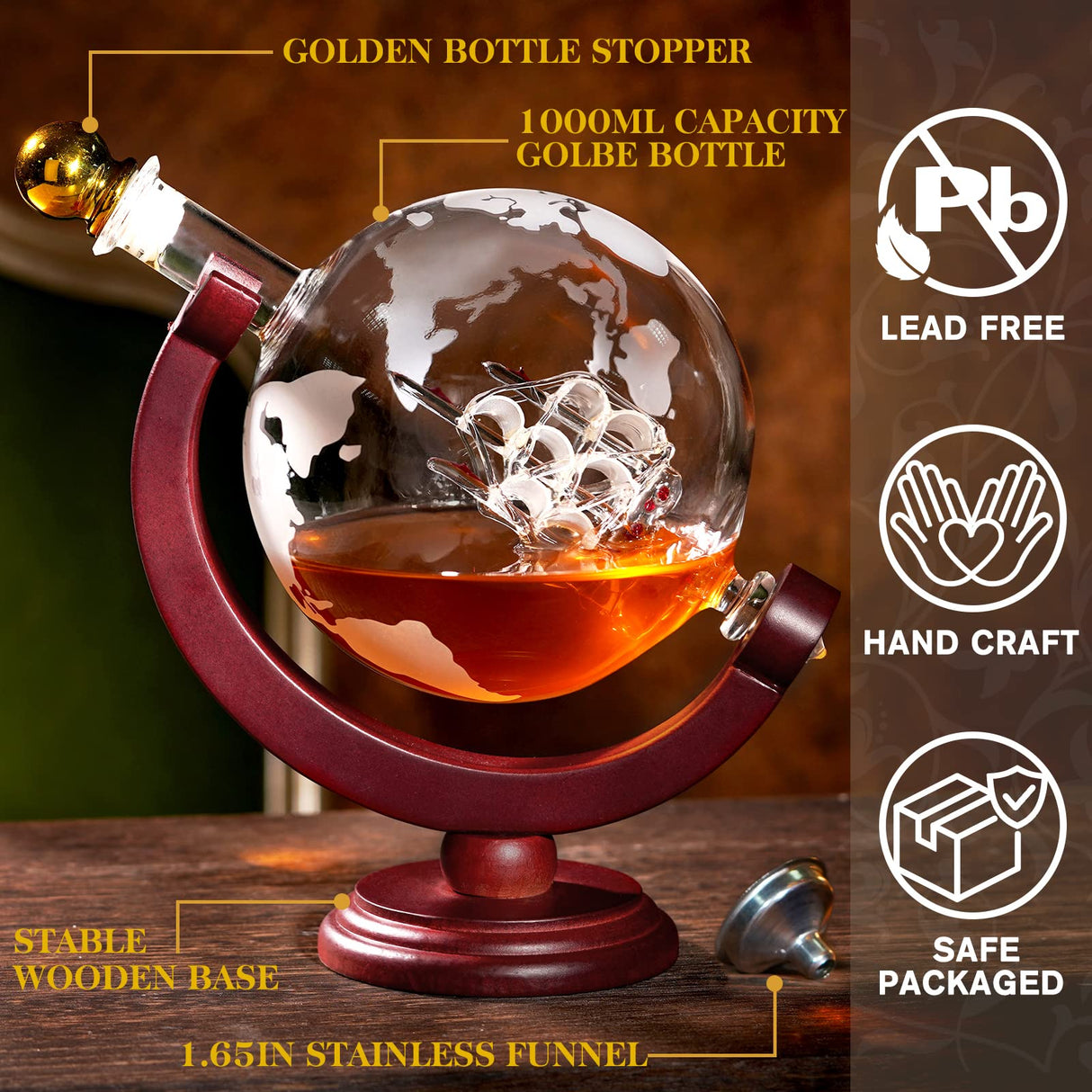 PONPUR Whiskey Globe Decanter, Gifts for Men Dad Father's Day, Anniversary Birthday Gift for Him Husband Boyfriend Grandpa, Unique Housewarming Presents Whisky Bourbon Decanter, 1000ml PONPUR
