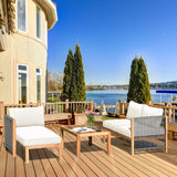 Tangkula L Shape Outdoor Furniture Set, 3 Piece Acacia Wood Patio Conversation Set, with 2 loveseats and Coffee Table, Garden Backyard Poolside Patio Seating Set (White) Tangkula