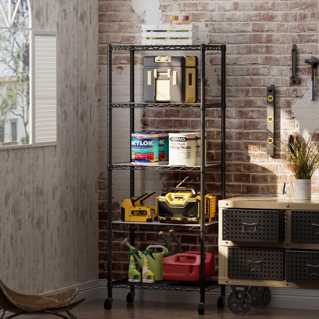Golpart 5 Tier Shelves Storage Shelf Wire Closet Bathroom Organizers Metal Pantry Kitchen Garage Shelving Unit Laundry Room Organization Home Rack Net Basket Black with Wheels 14”D X 24”W X 61”H Golpart