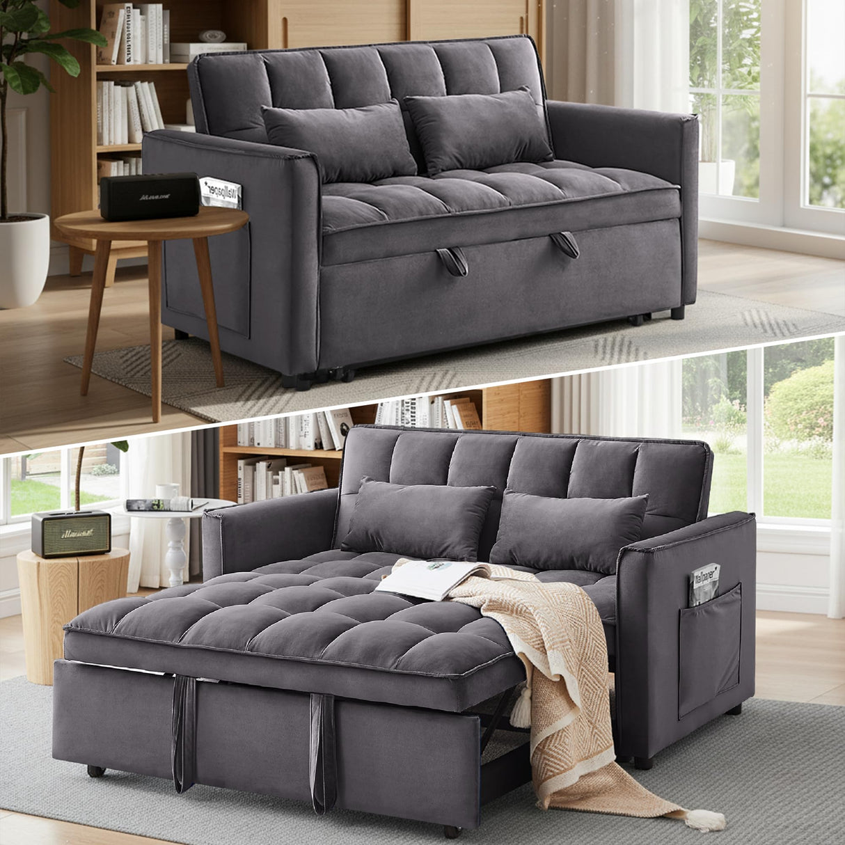 Dreamzie 3 in 1 Convertible Sleeper Sofa Bed, Pull Out Couch for Living Room with Side Pocket, Loveseat Sleeper with Adjustable Backrest (Fabric, Dark Grey) Dreamzie