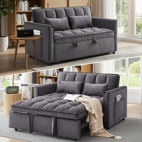 Dreamzie 3 in 1 Convertible Sleeper Sofa Bed, Pull Out Couch for Living Room with Side Pocket, Loveseat Sleeper with Adjustable Backrest (Fabric, Dark Grey) Dreamzie