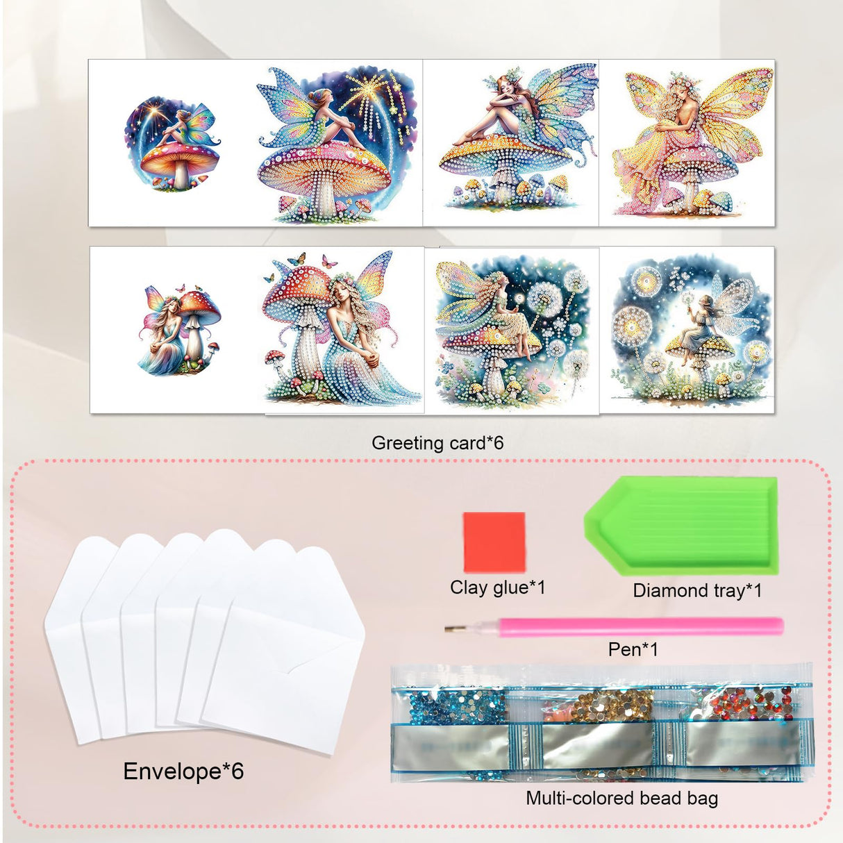 JISHSHAY 6 PCS Fairy Diamond Painting Greeting Cards Elf Diamond Art Birthday Cards with Envelopes Mushroom Gem Art Mosaic Kits for Adults, for Anniversary Valentine Thank You Graduation All Occasion JISHSHAY